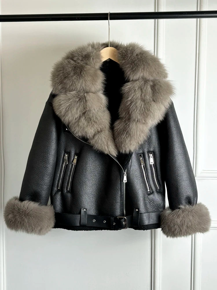 Women's Faux Leather Shearling Coat with Large Fox Fur Collar - Warm PU Moto Biker Jacket