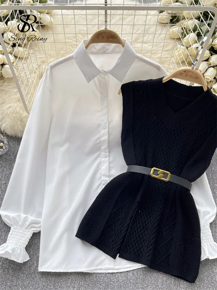 Women’s Office Knit Vest + Lantern Sleeve Blouse Set — Warm Thick Pullover Suit