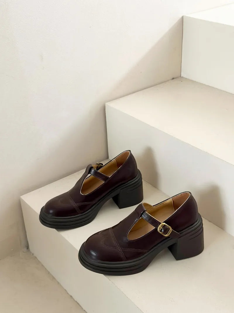 Women's T-Strap Mary Jane Pumps Chunky Square Heel 2–3 in (5–8 cm) Platform PU Round-Toe Buckle