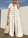 Women's V-Neck Single-Breasted Wide-Leg Jumpsuit with Pockets, Loose Oversized Office Casual