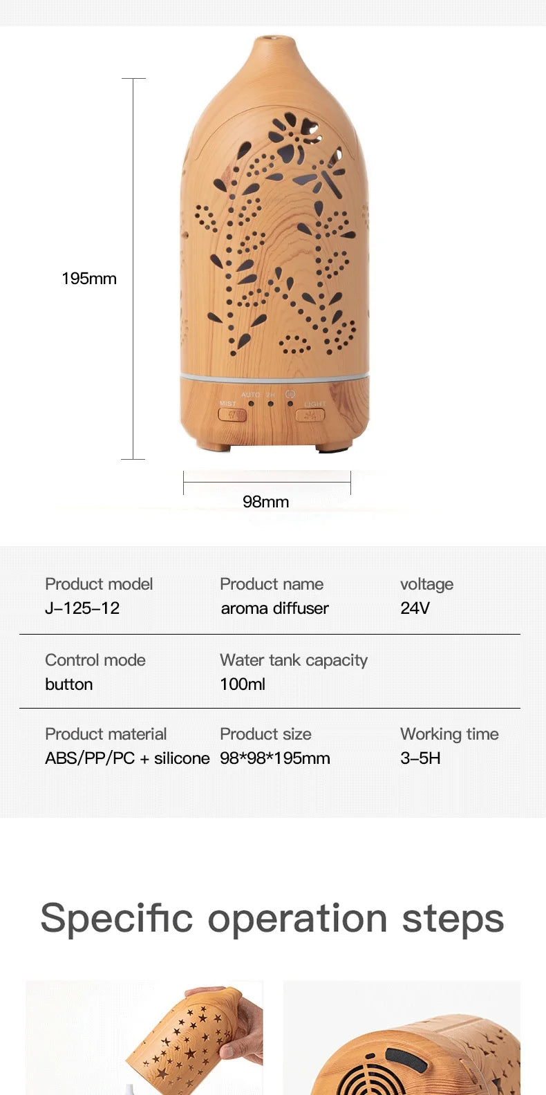 Ultrasonic Essential Oil Diffuser 100ml (3.4 fl oz) with LED Lights - Adjustable Cool Mist Modes for Aromatherapy & Humidifying