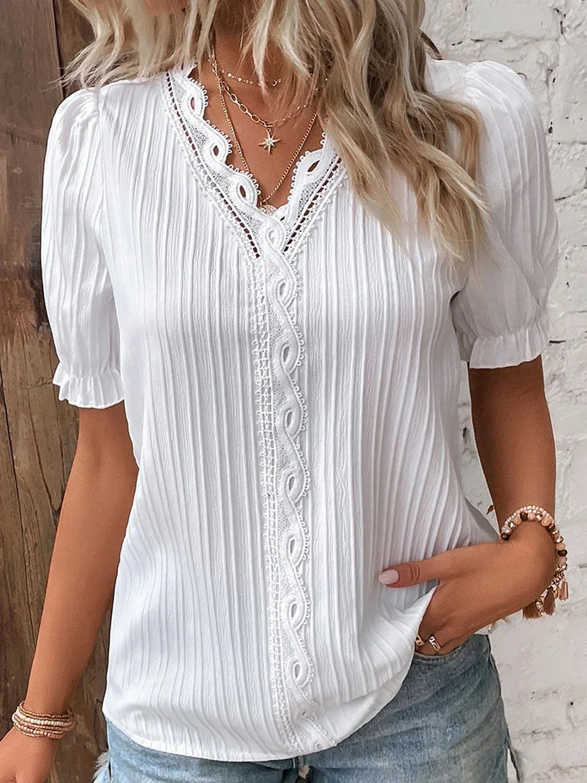 Women's Summer V-Neck Hollow Short Sleeve Top - Chiffon Splice Loose Plus Size Blouse