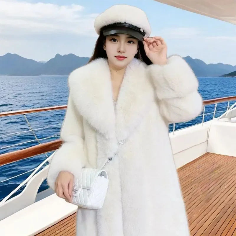 Chic Casual Women's Mid-Length Faux Fur Coat with Plush Collar Thick Warm Winter Parka Overcoat