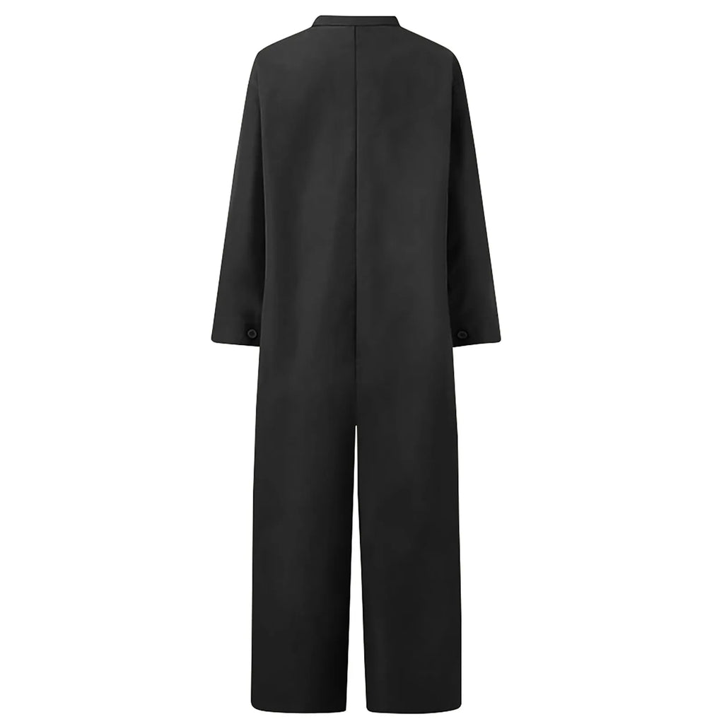 Women's Casual Cargo Jumpsuit — Loose Full-Length V-Neck with Pockets, Mid-Waist Long Sleeve Solid