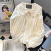 Apricot Lace Floral Peter Pan Collar Blouse Loose Long Sleeve Casual Shirt for Women