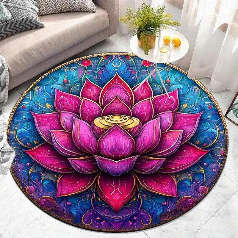 Lotus Mandala Round Rug – Yoga & Meditation Floor Mat, Soft Anti-Slip Floral Area Rug in Pink & Blue