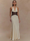 Mozision Women's Backless Halter Lace Maxi Dress - Deep V Patchwork Sleeveless High-Waist A-Line Gown