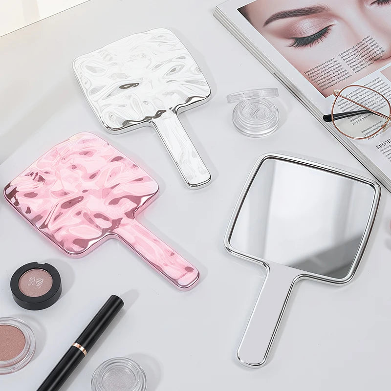 Vintage Silver Handheld Makeup Mirror for Women – Travel Vanity Mirror with Water Ripple Frame