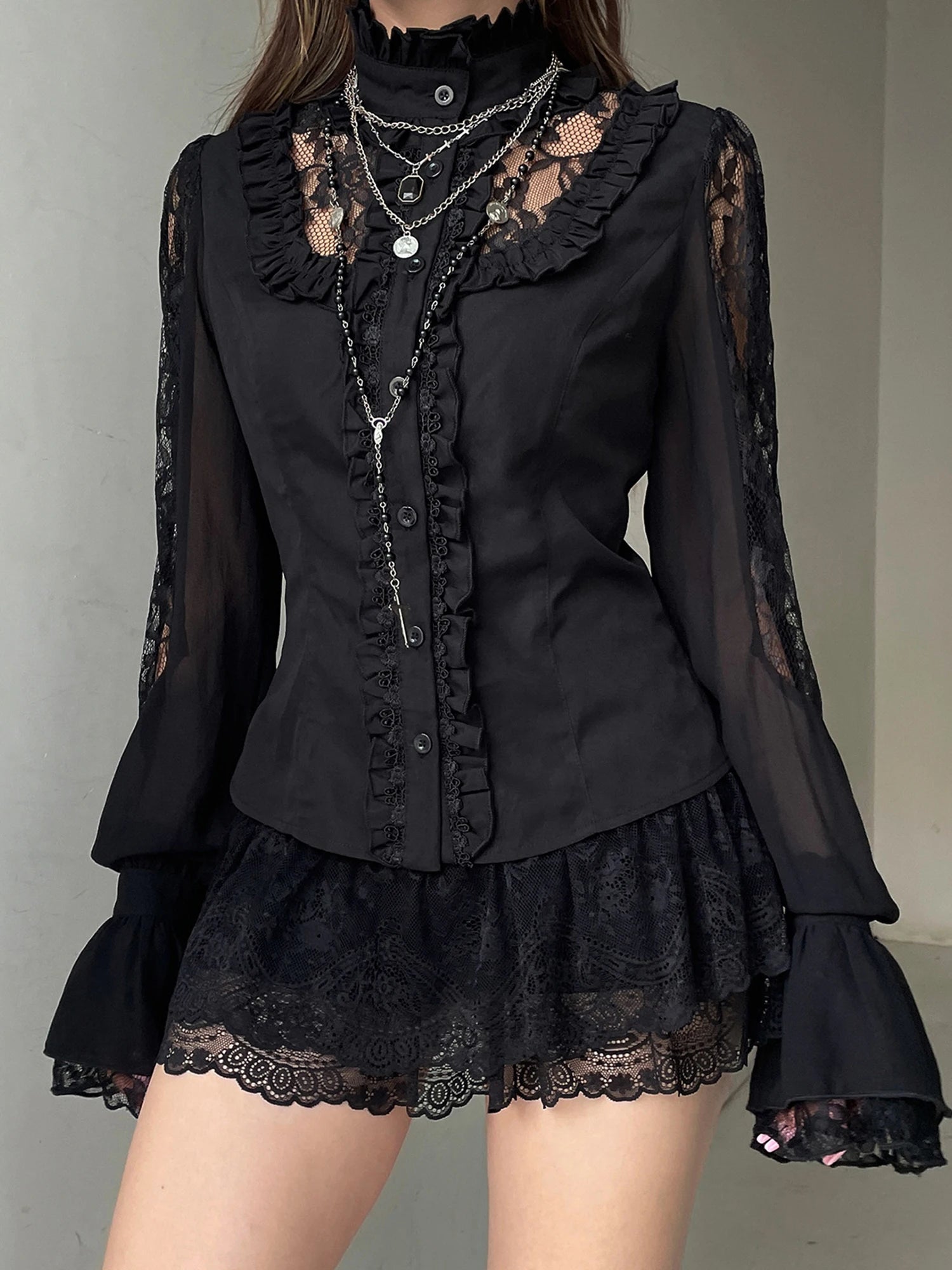 Floral Embroidered Lace Patchwork Button-Down Blouse for Women Long Sleeve Casual V-Neck Top