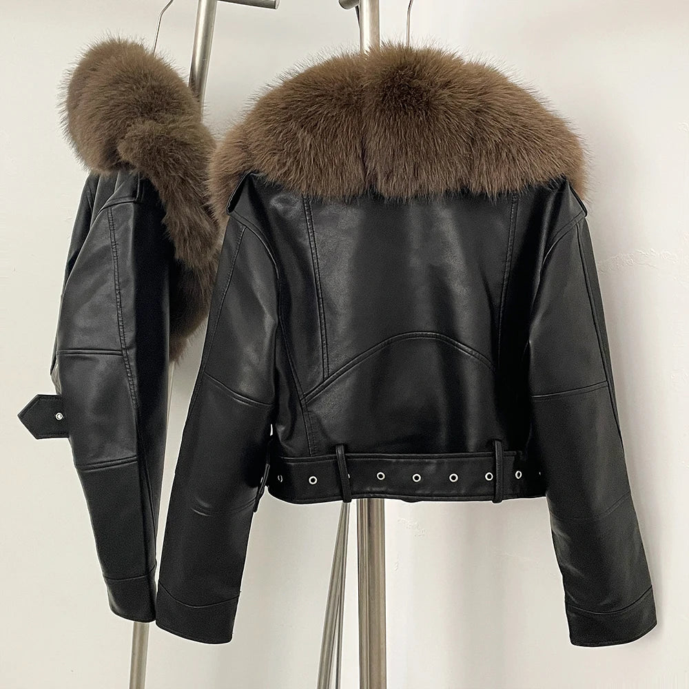 Eco-Friendly Women's Faux Leather Jacket with Detachable Faux Fur Collar and Pockets Short PU Coat
