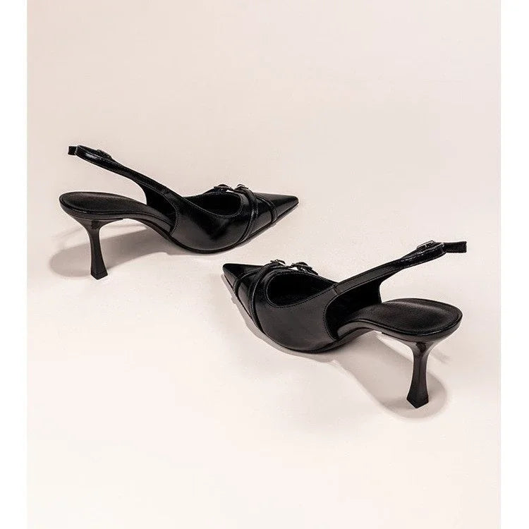 Black Pointed Toe Stiletto Heels with Crystal Buckle - Women's Summer Party Sandals
