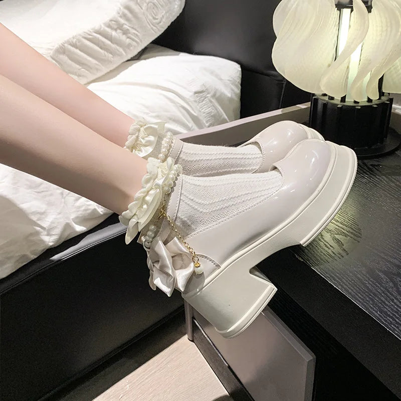 Pink Beaded Mary Jane Heels – Round Toe Platform Pumps with Square Heel, Spring/Autumn Party Shoes