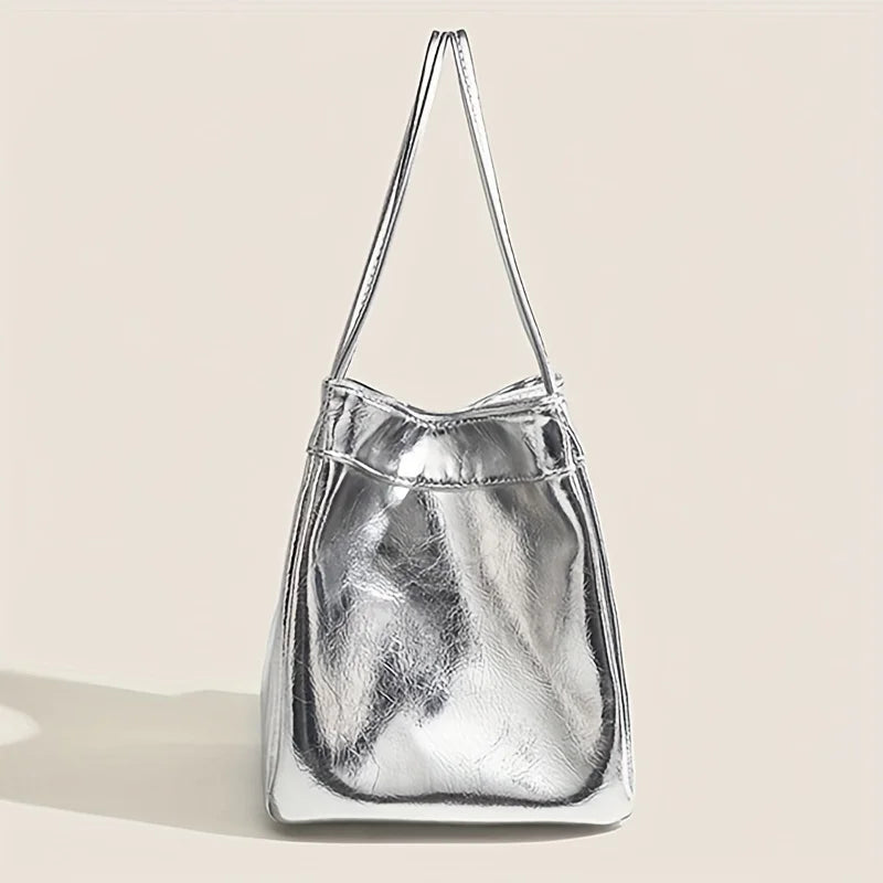 Sparkling Silver Mini Drawstring Bucket Bag - PU Sparkling Handbag with Matching Wallet