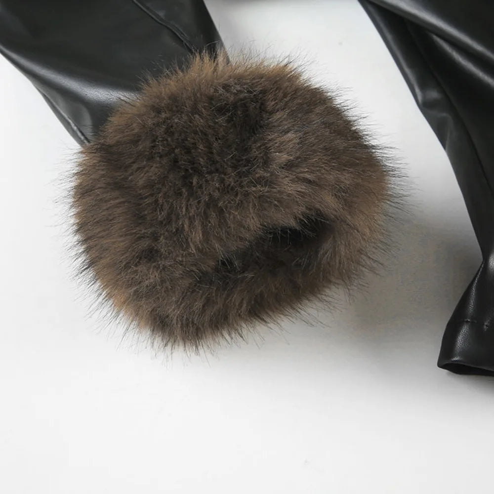 Neploe Women's Vintage Patchwork PU Leather Coat with Fur Trim – Y2K Fairycore Harajuku Streetwear Jacket