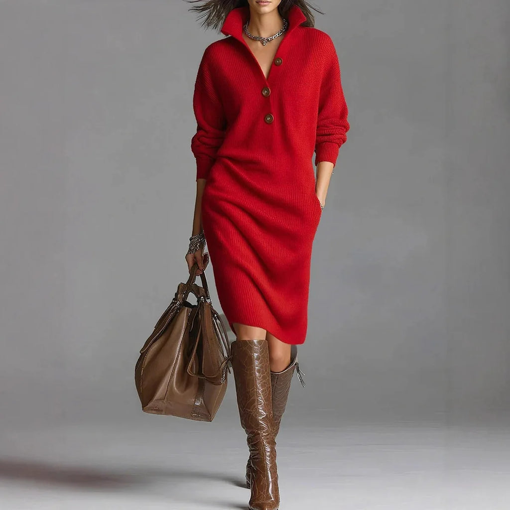 Women's V-Neck Button Lapel Knitted Sweater Dress — Knee-Length A-Line Casual (Spring/Autumn)