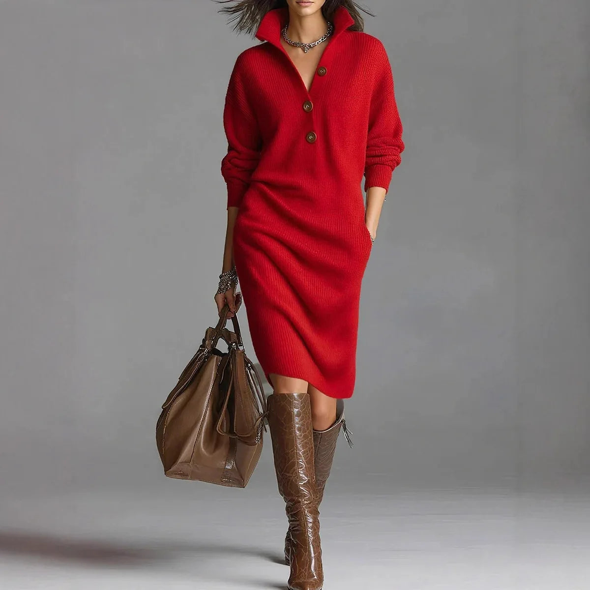 Women's V-Neck Button Lapel Knitted Sweater Dress — Knee-Length A-Line Casual (Spring/Autumn)