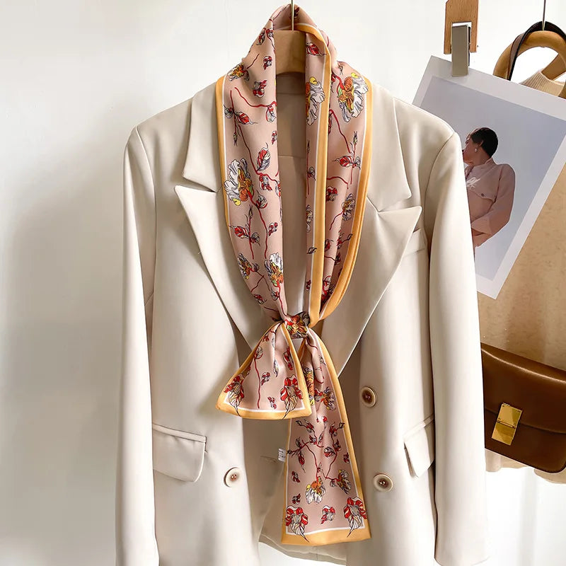 Women's Silk-Feel Printed Long Narrow Scarf 12 x 148 cm (4.7 x 58.3 in) - 50+ Colors | Headband & Shawl