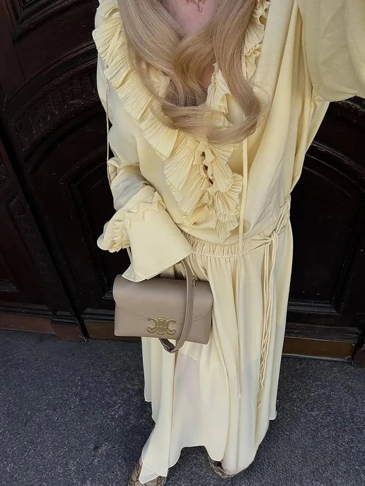 KONDALA Vintage Yellow Ruffle V-Neck Lace-Up Bow Tie Blouse Long Sleeve Casual Top