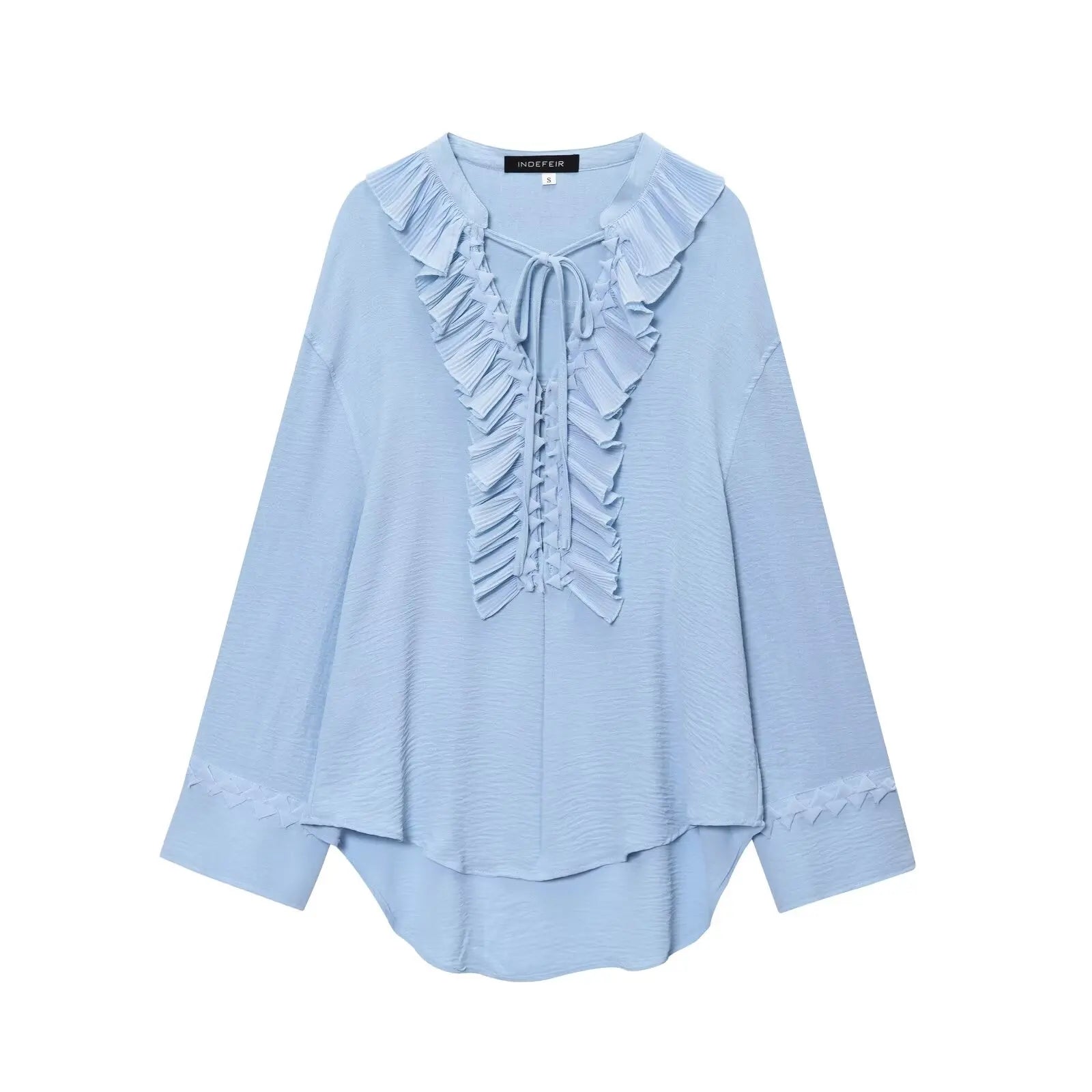 KONDALA Vintage Yellow Ruffle V-Neck Lace-Up Bow Tie Blouse Long Sleeve Casual Top