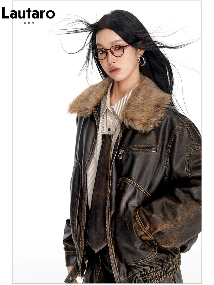 Vintage Distressed Brown PU Faux Leather Jacket with Faux Fur Collar – Women's Zipper Moto Coat