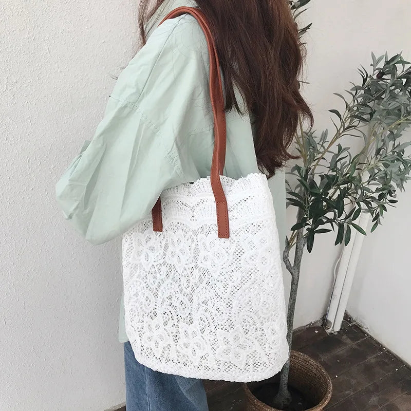 Lace Bucket Shoulder Bag for Women – Korean Straw Tote Beach Handbag, Elegant Summer Shoulder Bag