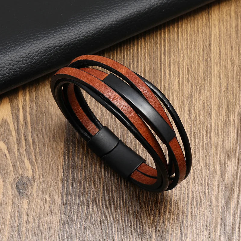 Men's Multilayer Braided Leather Bracelet with Magnetic Alloy Clasp - Retro Punk