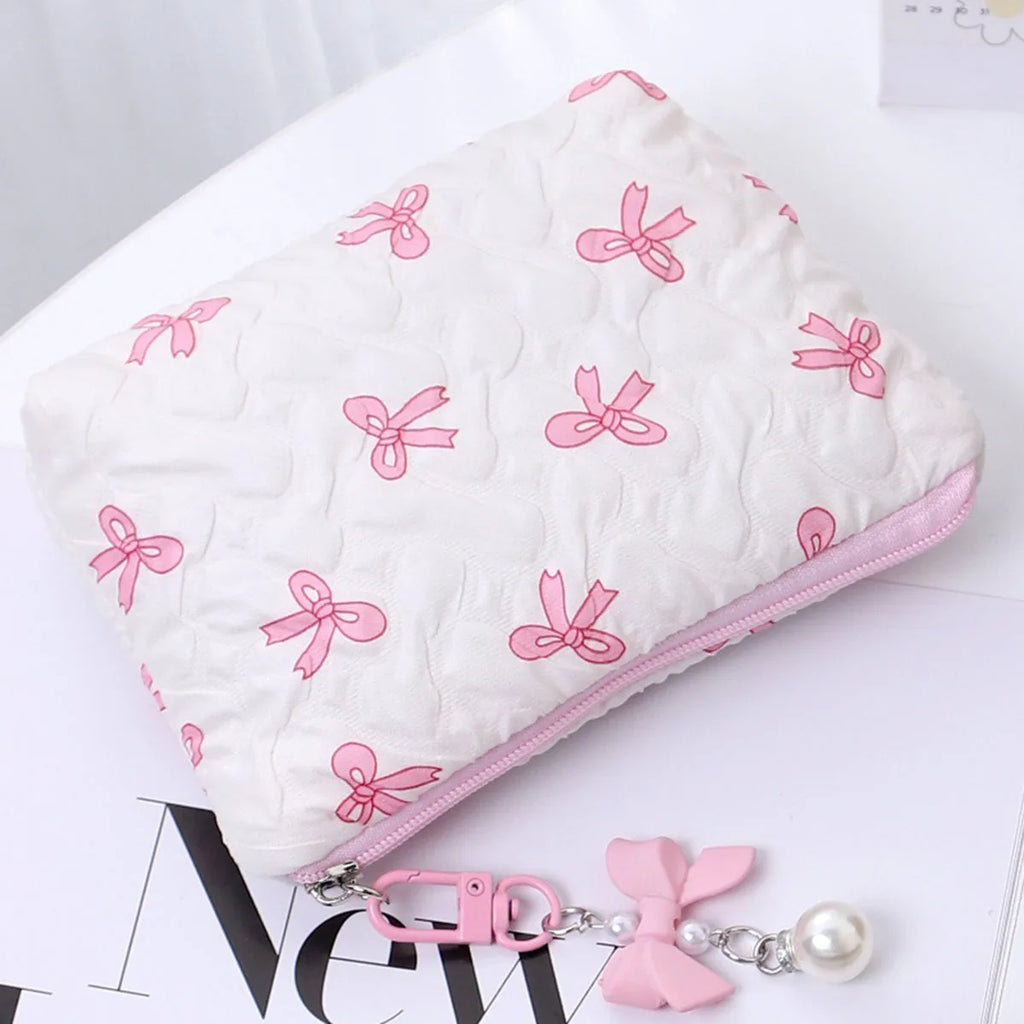 Embroidered Bow Makeup Bag – Cute Large Capacity Cosmetic Pouch & Coin Purse with Zipper