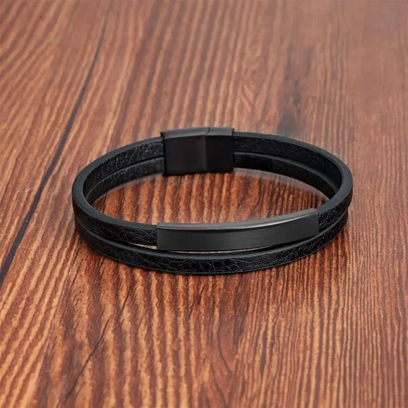 Men's Black Genuine Leather Double-Layer Braided Bracelet with Stainless Steel Accent – Sizes 18.5/20.5/22 cm (7.3/8.1/8.7 in)