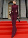 Mozision Turtleneck Long-Sleeve Ruched Hollow-Out Maxi Dress - Elegant A-Line Floor-Length for Women (Autumn/Winter)