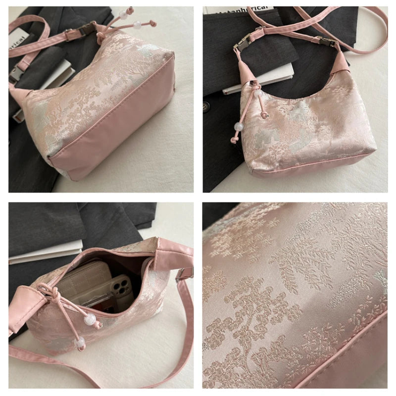 Retro Embroidered Silk Bucket Handbag for Women – Adjustable Shoulder Strap, Pearl Pendant, Floral Cheongsam Style