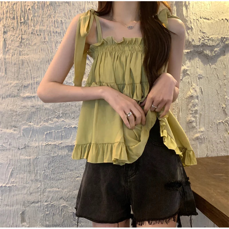 Korean Style Ruffled Spaghetti Strap Blouse - Solid Summer Slash Neck Women's Top