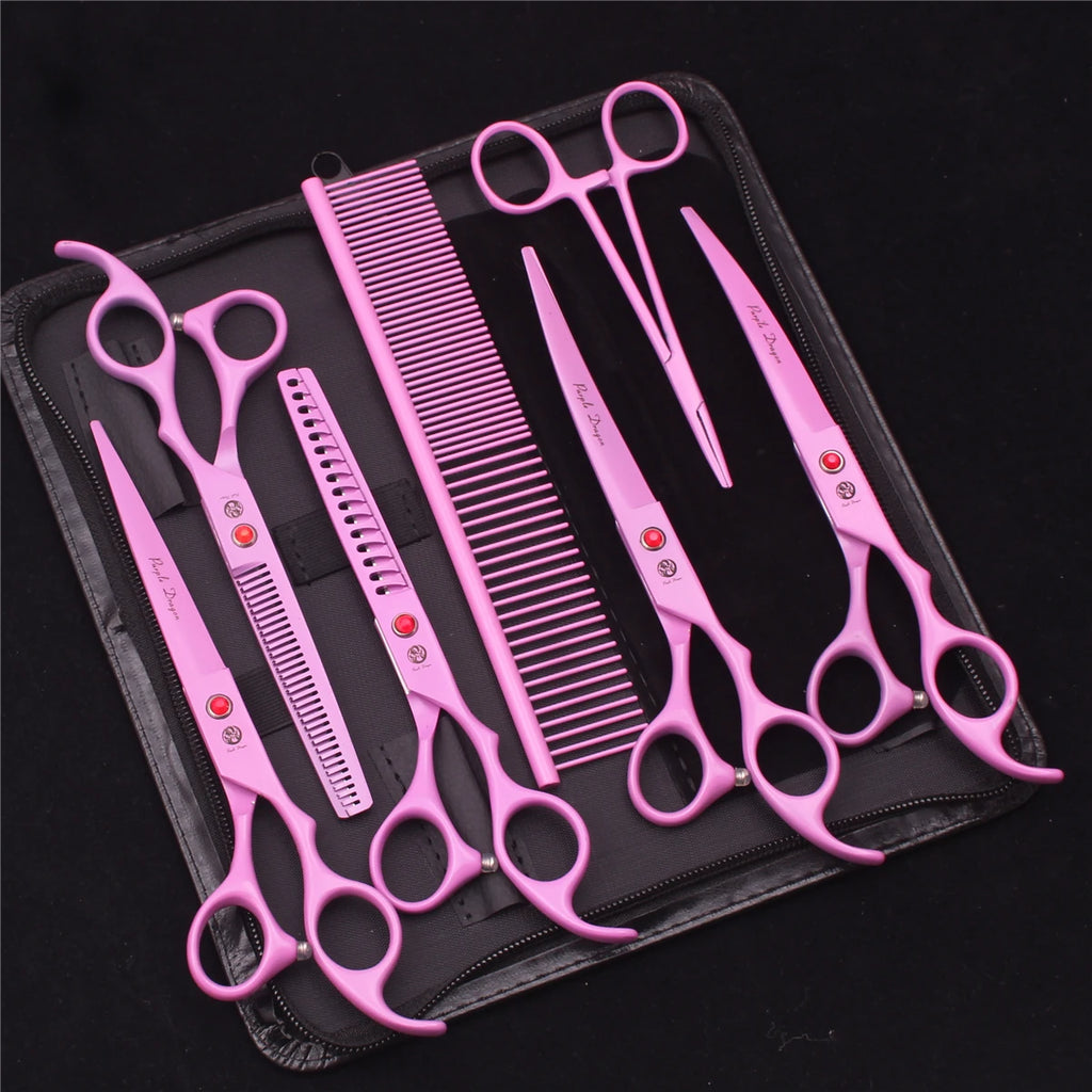 7-Inch (17.8 cm) Japanese 440C Pet Grooming Scissors Set — Straight 7 in, Curved 7 in, Thinning 6.5 in (16.5 cm) for Dog & Cat Grooming with Comb & Hemostatic Forceps