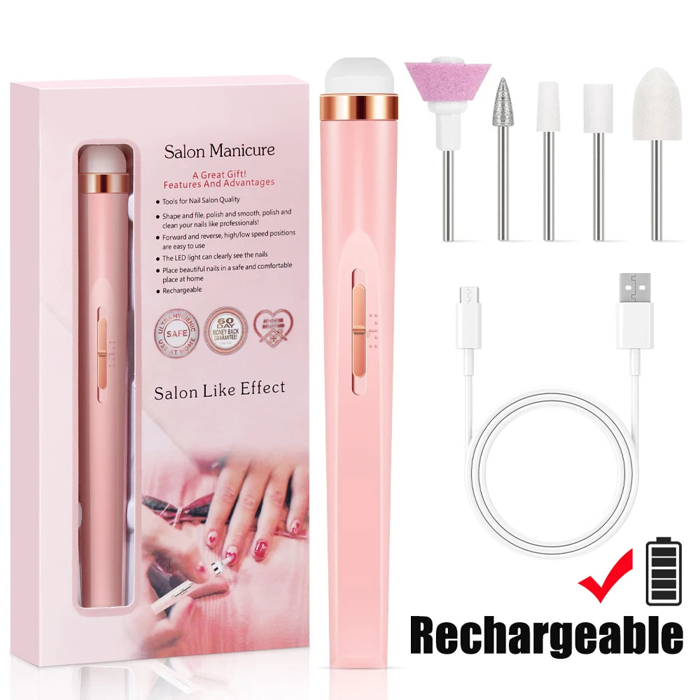 Portable USB Rechargeable Electric Nail Drill Kit – LED Light, 4-Speed Adjustable Manicure Set with Multiple Attachments