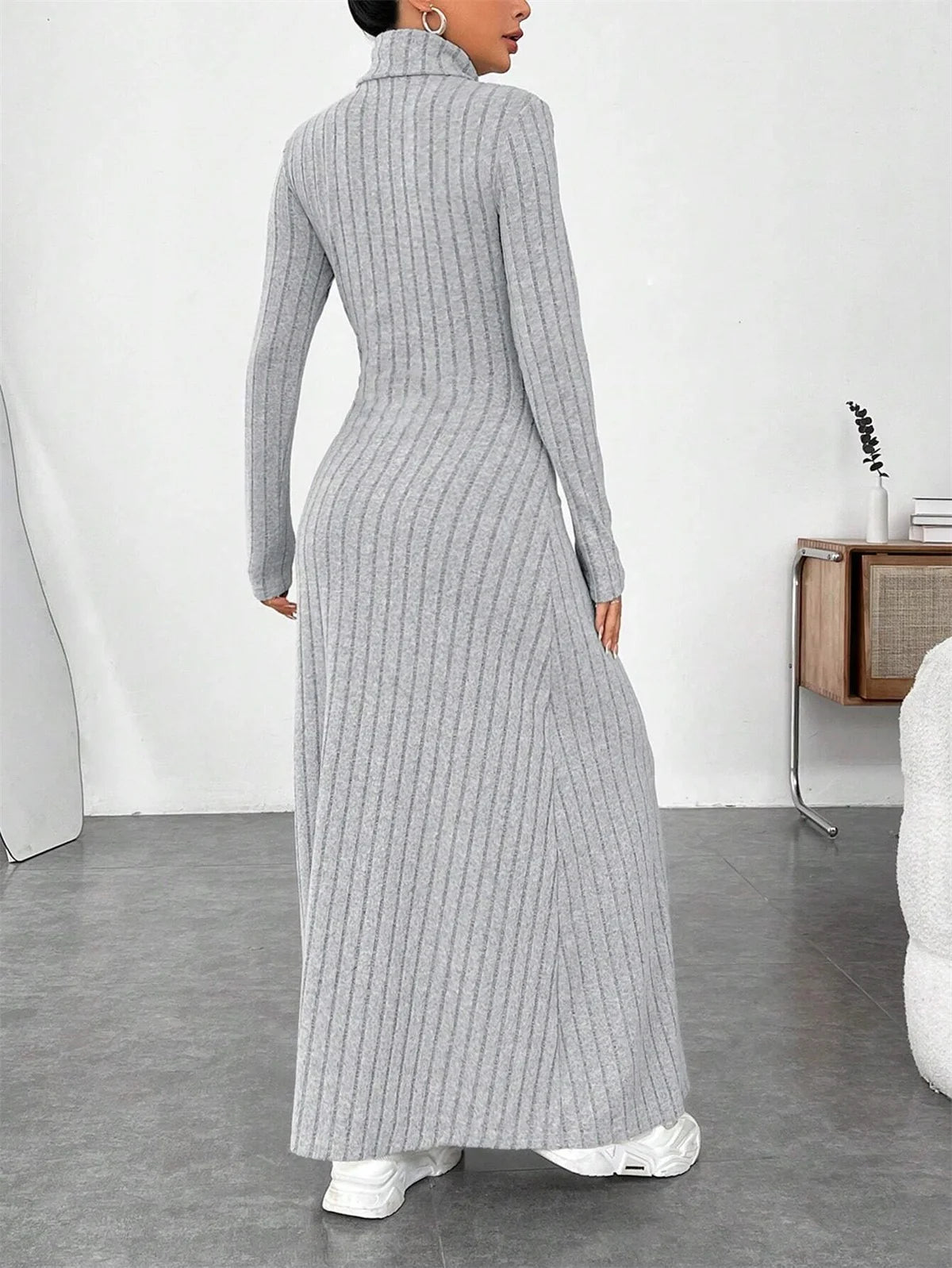 Knitted Turtleneck Long Sleeve Dress for Women - Vintage Slim Ankle-Length Knit, Autumn/Winter Casual Y2K