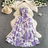 Pink & Purple Floral Midi Dress - Retro Romantic A-Line Spaghetti Strap High-Waist Beach Vacation Dress