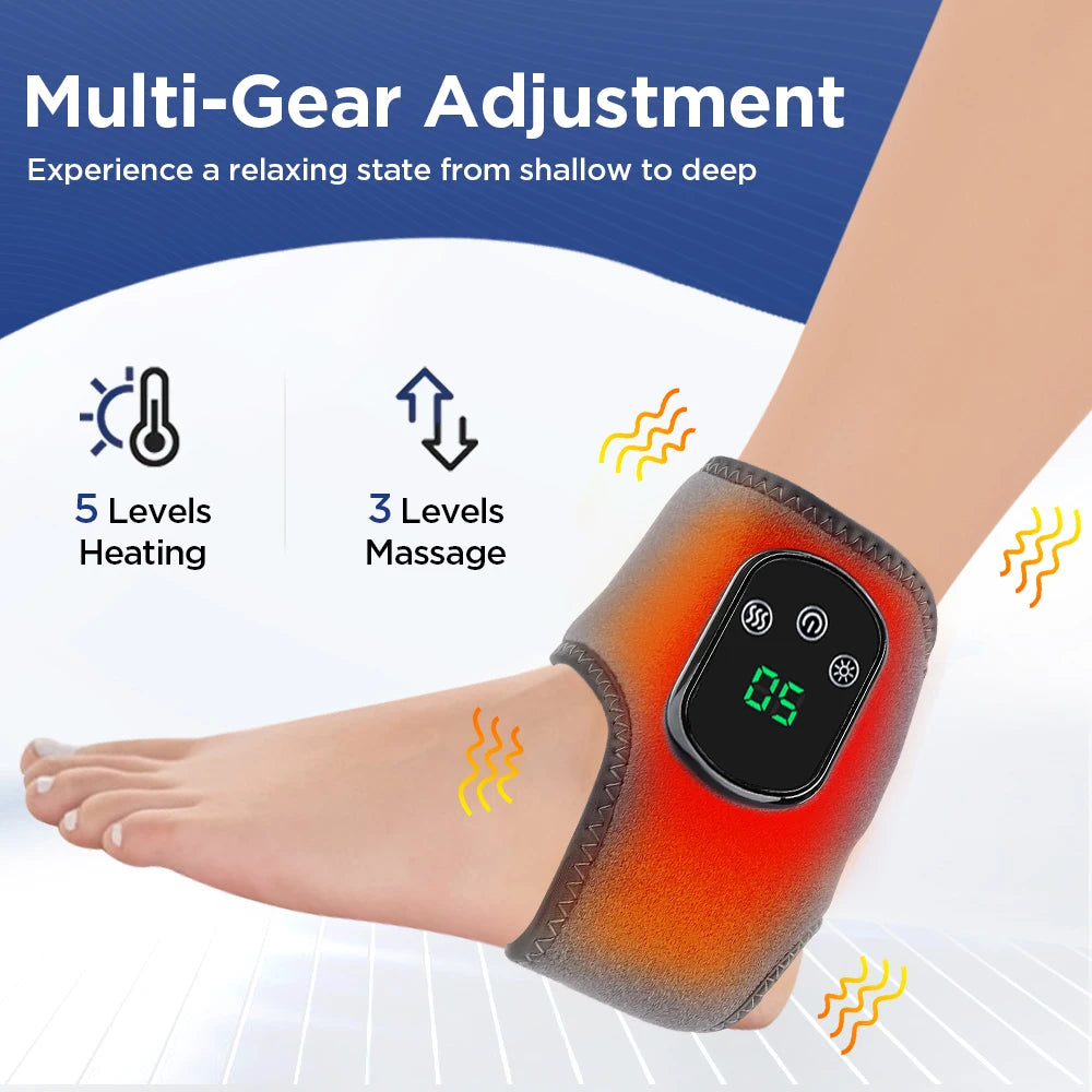 Electric Heated Ankle Brace — Rechargeable Foot Massager with Vibration & 5-Level Infrared Hot Compress (Grey)