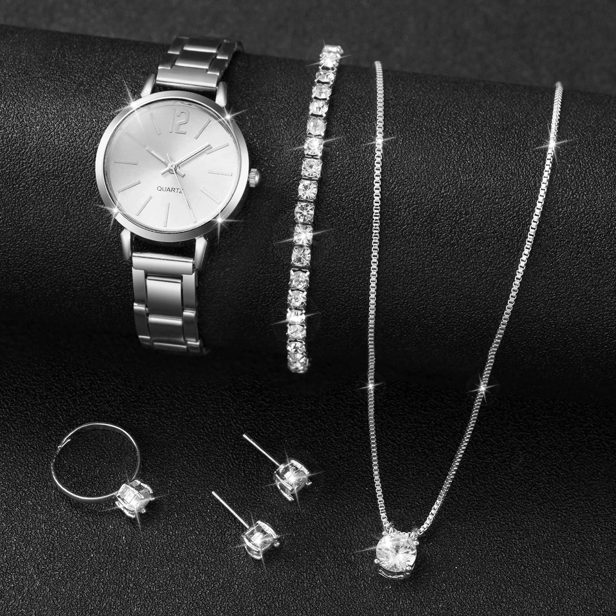 6-Piece Women's Quartz Watch & Jewelry Set - 29mm (1.14 in) Stainless Steel Watch with Diamond Accents, Necklace Bracelet Ring Earrings