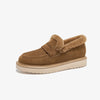 Winter Fur Cow Suede Penny Loafers for Women – Round Toe Slip-On Flats with Wool Lining