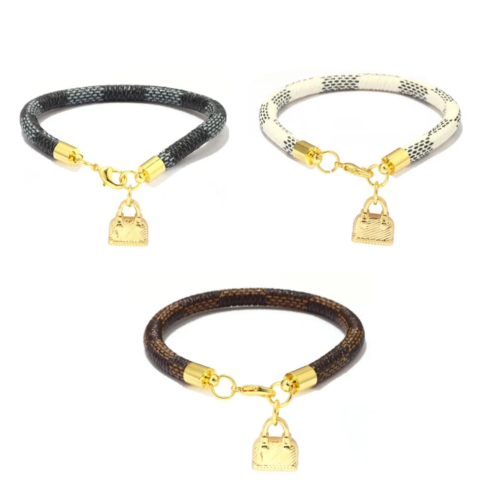 3-Pack Cowhide Leather Striped Bracelets with Gold Lock & Mini Bag Charm – Elegant Women’s Fashion Bracelet Set