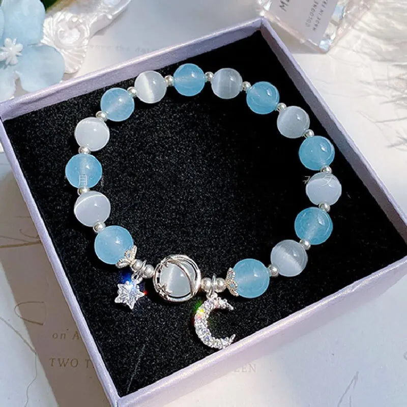 Starry Cat Eye Stone Bracelet for Women, Grey Moonlight Star & Moon Crystal, Silver-Plated Copper