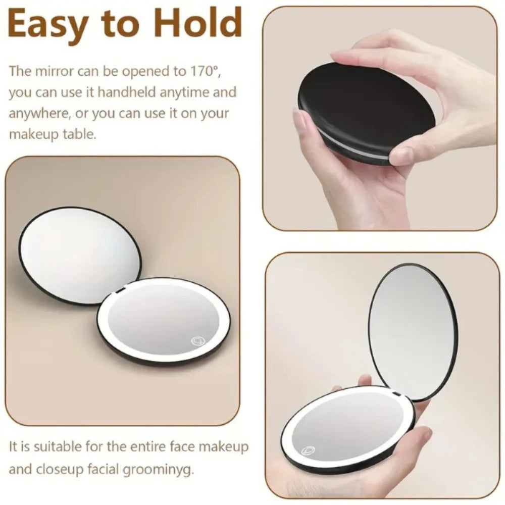 LED Lighted Travel Makeup Mirror – Double-Sided 2x/5x Magnification, Foldable USB Rechargeable Compact Handheld Mirror