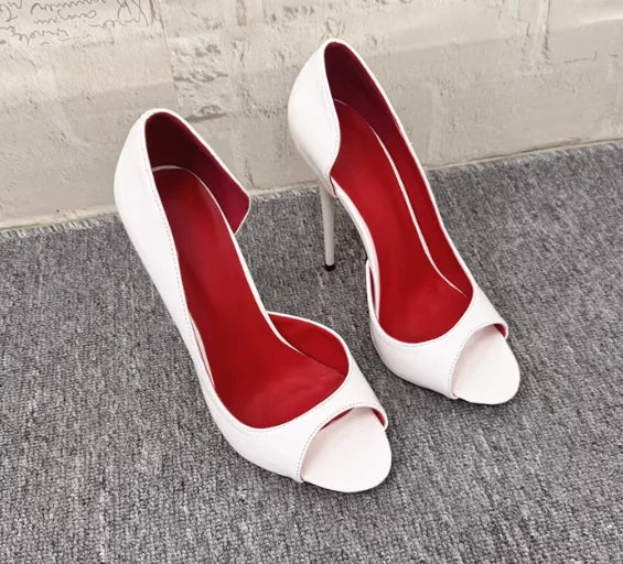 Black Patent Leather Peep-Toe Stiletto Pumps with Red Lining, 12 cm (4.7 in) Heel, Plus Size EU 33-46