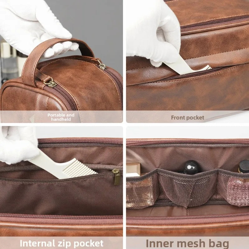 Men's PU Leather Toiletry Bag - Waterproof Travel Dopp Kit with Zipper, Portable Business Clutch