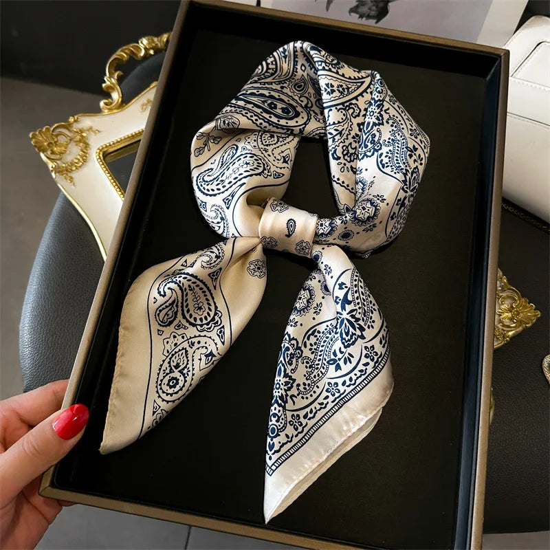 Luxury Square Silk-Feel Scarf 70 x 70 cm (27.6 x 27.6 in) Korean Fashion Floral Bandana Kerchief Wrap