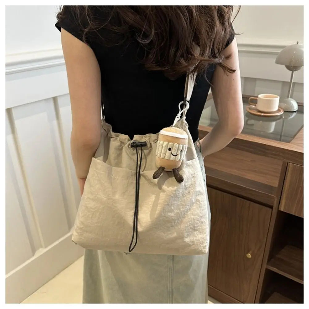 Women's Waterproof Nylon Drawstring Tote Bag – Large Bucket Crossbody Shoulder Bag 38×31×9 cm (14.96×12.20×3.54 in)