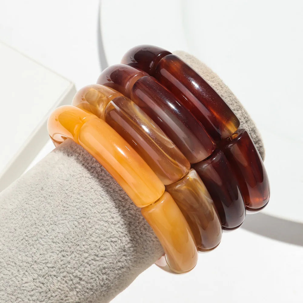 Acrylic Resin Amber Bamboo Bead Bracelet Set - 4-Pack Stretch Beaded Bangles for Women