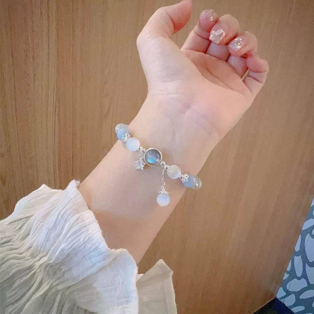 Dreamy Blue Moonstone Cat Eye Pendant Crystal Bead Bracelet – Trendy Party Jewelry Gift for Women