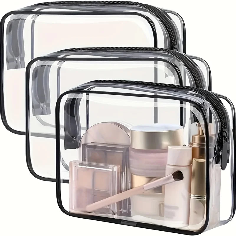 3-Piece Clear Travel Cosmetic Bag Set - Zippered PVC Toiletry & Makeup Organizers