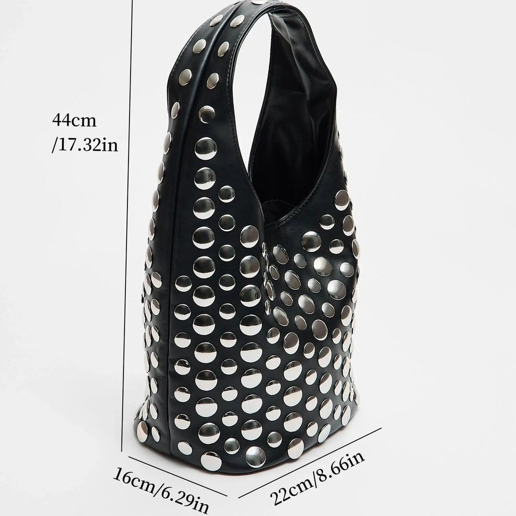 Punk Studded PU Bucket Bag – Rivet Embellished Large Capacity Shoulder Bag for Women