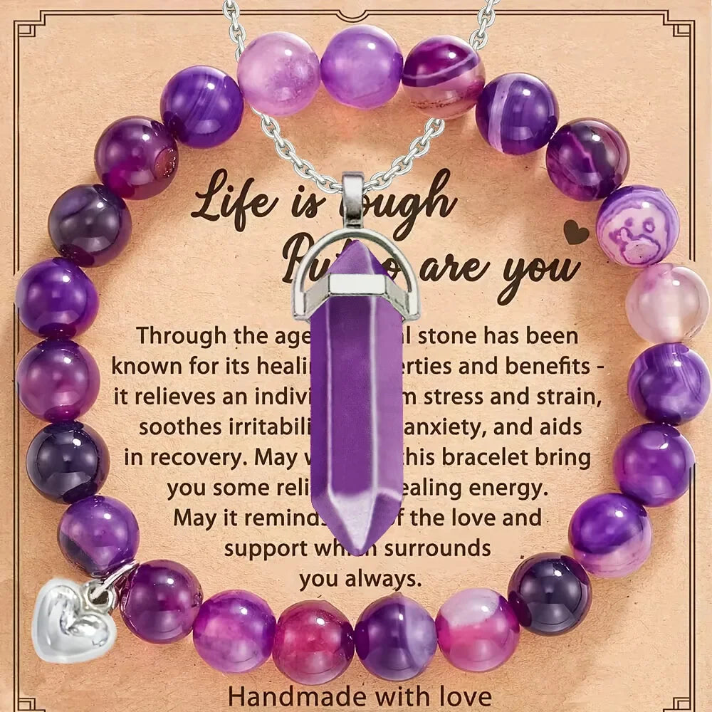 2-Piece Amethyst Hexagonal Pendant Necklace & Purple Stripe Agate Bracelet Set – Healing Crystal Jewelry Gift for Women